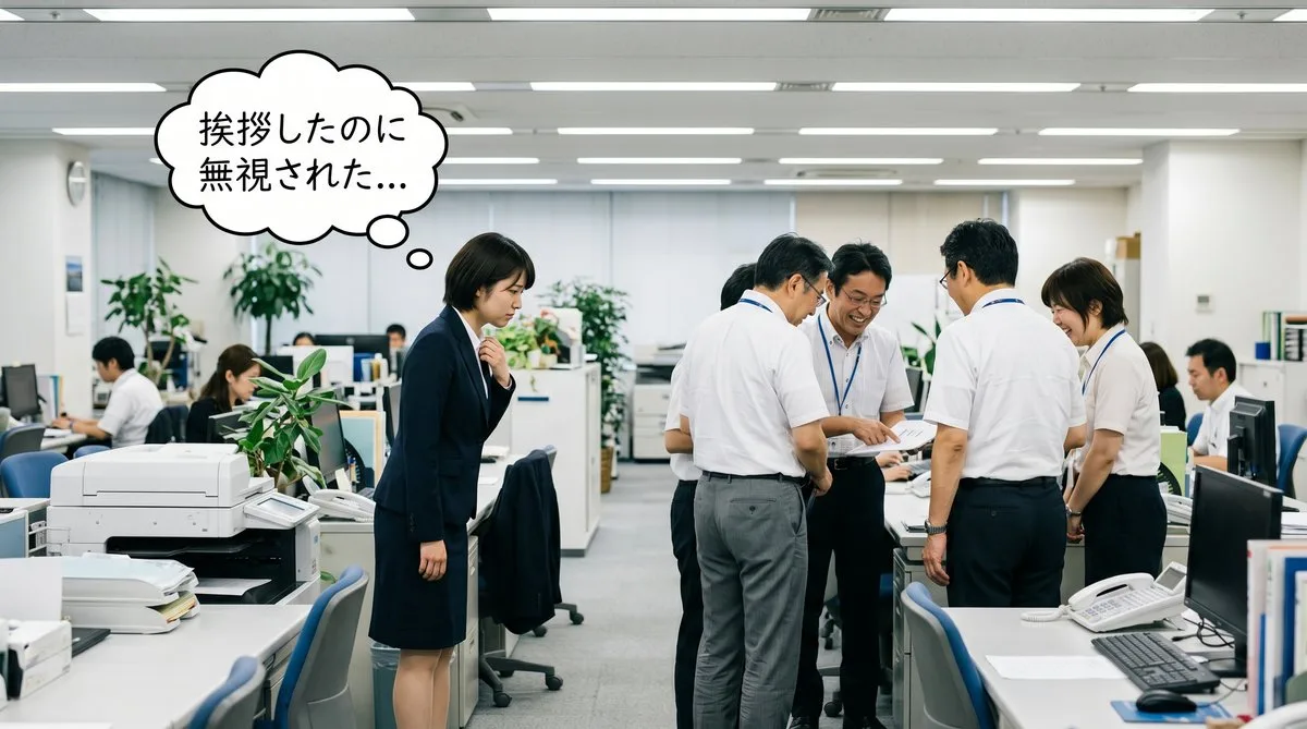 【画像】職場で挨拶を無視された時のモヤモヤする心理状態：勇気を出してお辞儀をしたのに、周囲の社員に気付かれずスルーされてしまい、人間関係のストレスを感じている若手社員の様子