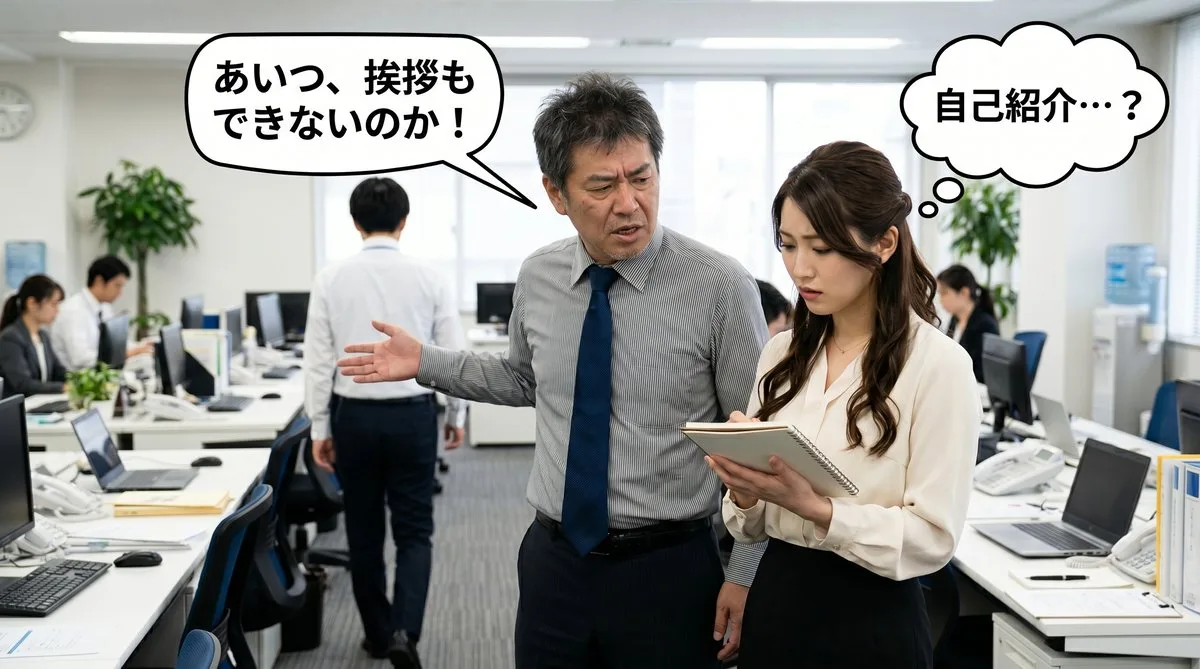 【画像】他人の挨拶には「あいつ、挨拶もできないのか！」と激怒する一方で、自分自身ができていない、職場の矛盾したベテラン社員の特徴を表した図