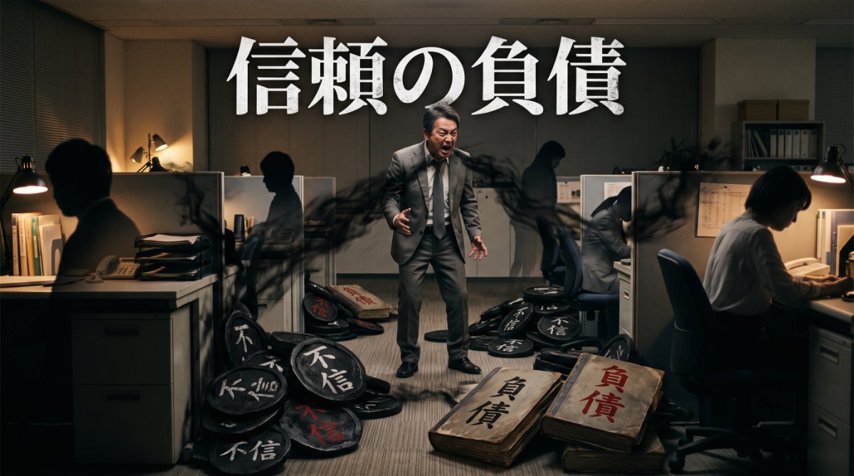 性格が悪い人の因果応報：怒鳴る男性が職場で抱える「信頼の負債」（不信と負債）を可視化したイラスト。孤立する末路を描いた末路図鑑の一端。