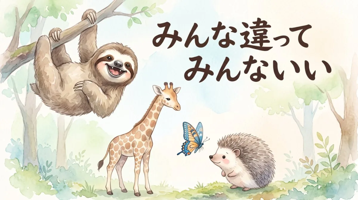 ずるい人への執着を手放す究極の考え方：「みんな違ってみんないい」というメッセージと共に、他者との価値観の違いを受け入れて心の平穏を取り戻すことを表現した動物たちの水彩画イラスト