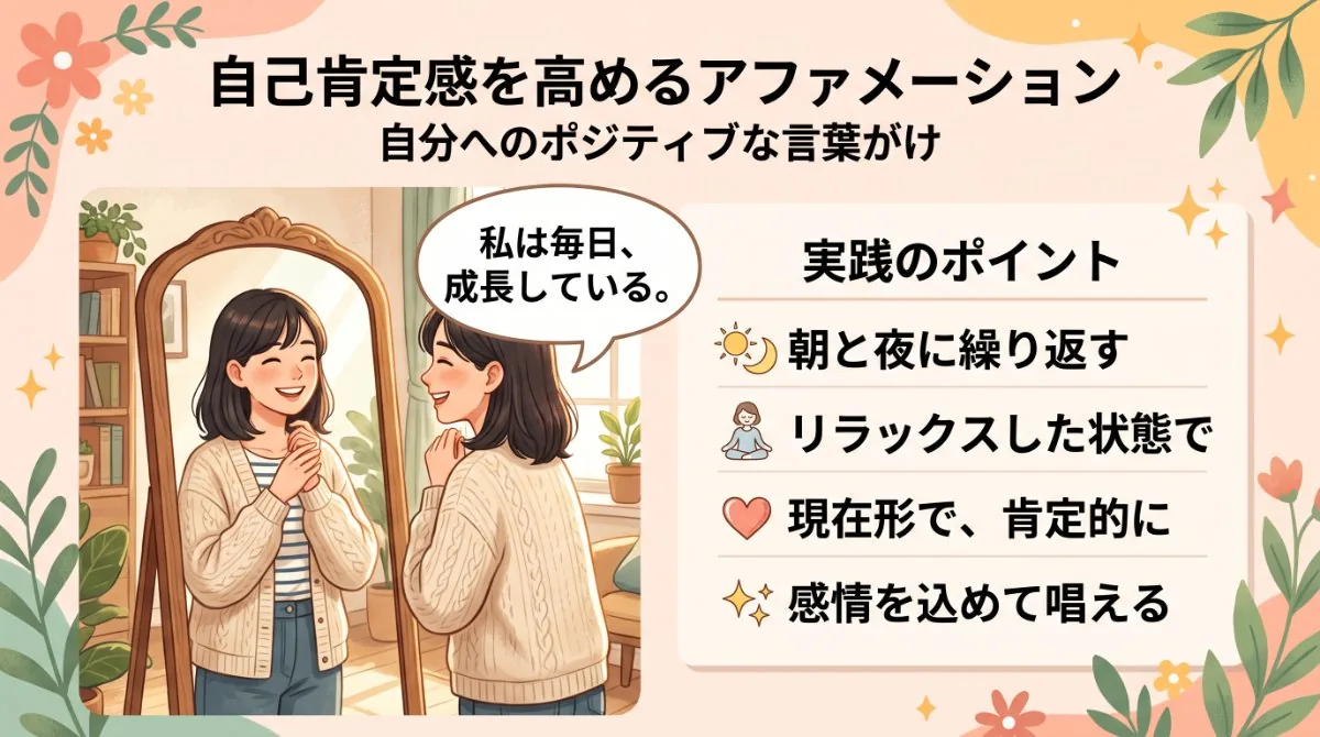 ずるい人への執着を手放し自己肯定感を高めるアファメーション：鏡の自分にポジティブな言葉をかける実践のポイント（朝晩繰り返す・現在形で唱えるなど）をまとめたイラスト