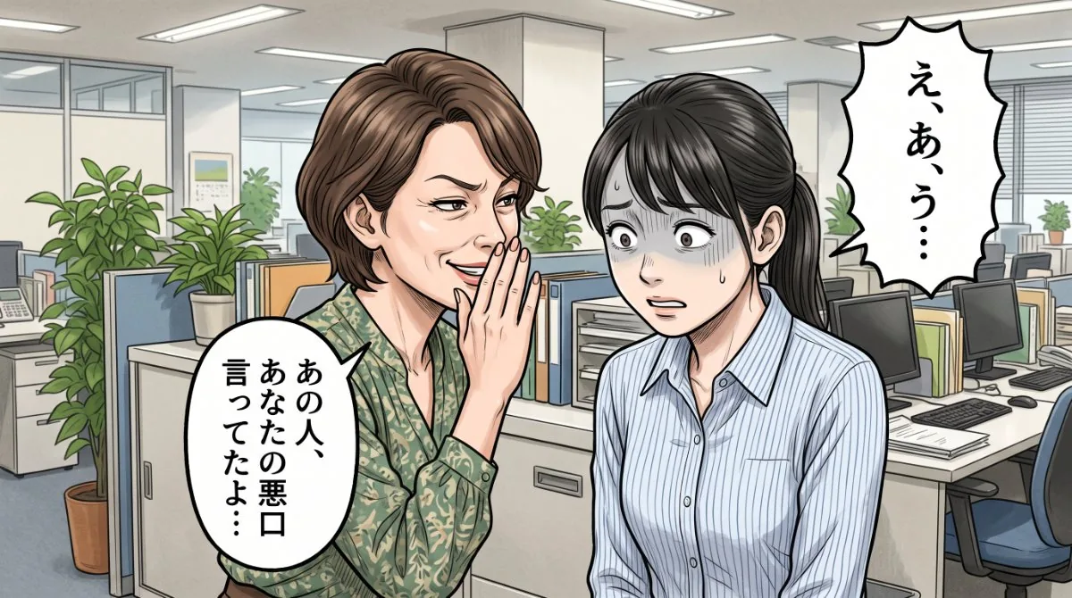 【画像】職場の人間関係を引っ掻き回す人の典型的な手口：「あの人があなたの悪口を言っていた」と嘘や誇張の告げ口をして、同僚同士を仲違いさせようとするトラブルメーカーのイラスト