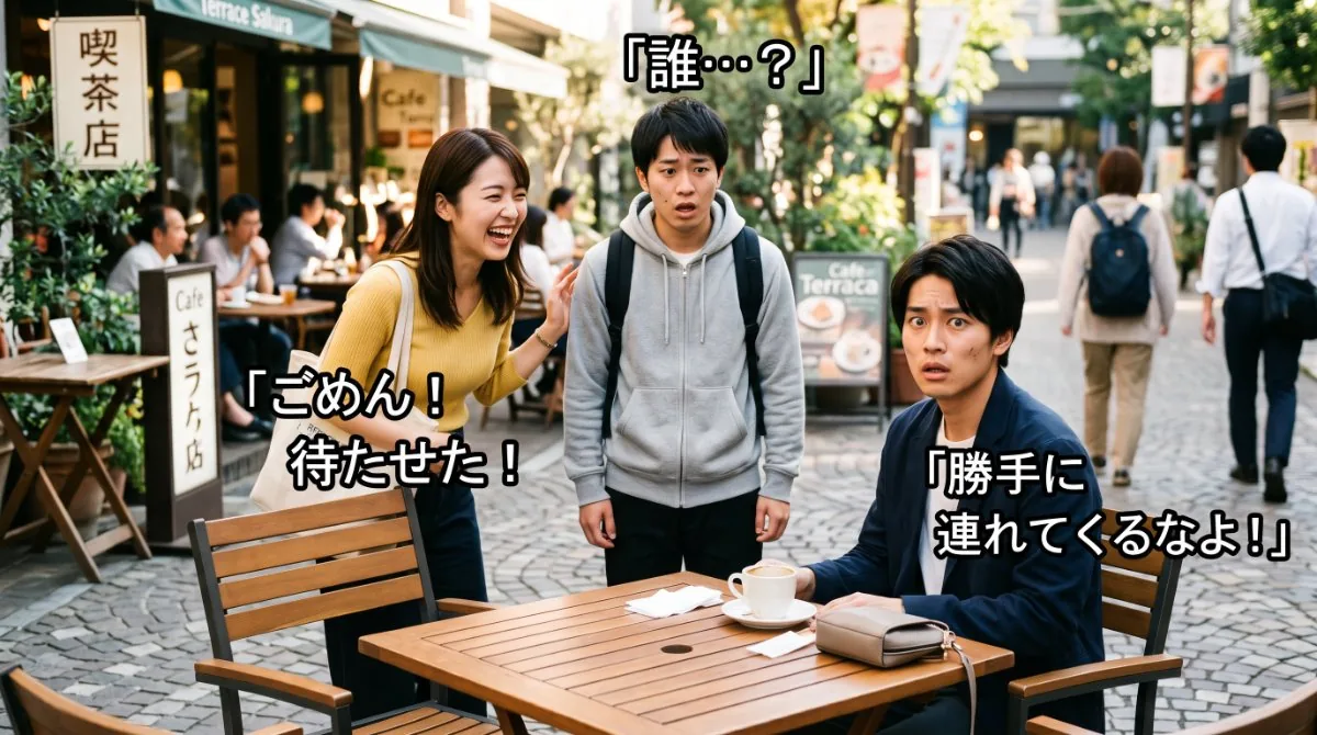 【画像】人間関係を引っ掻き回す人の非常識な行動：友人と会う約束の場に事前の相談もなく知らない人を勝手に連れてきて、周囲を困惑させるトラブルメーカーの様子を描いたイラスト