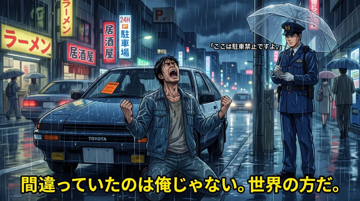 【画像】人間関係を引っ掻き回す人の悲惨な末路：駐車違反を注意されても「間違っていたのは俺じゃない。世界の方だ」と絶叫するイラストを通じ、絶対に自分の非を認めず他責にし続けるトラブルメーカーの心理を表現
