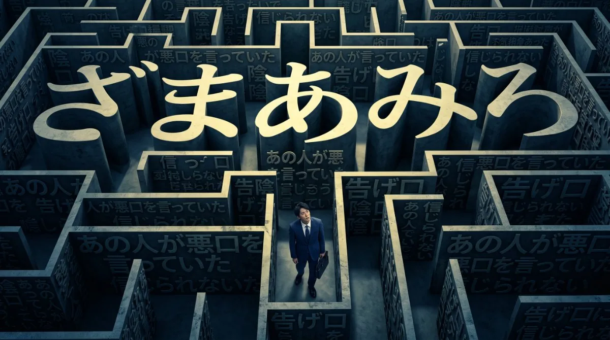 【画像】人間関係を引っ掻き回す人の自業自得な末路：自ら流した「悪口」や「告げ口」で作られた迷路に自分自身が閉じ込められ、孤立して誰からも助けられない結末（ざまあみろ）を描いたイラスト