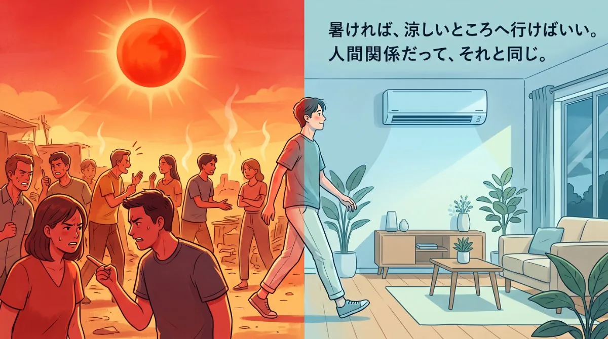 【画像】人間関係を引っ掻き回す人への究極の対処法：炎天下で争う人々から離れ、涼しい部屋へ移動する男性のイラストを通じ、トラブルメーカーとは物理的・心理的に距離を置くのが一番であるという解決策を表現