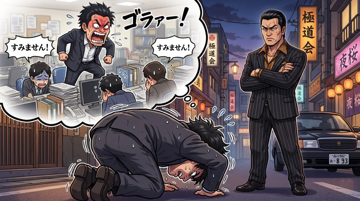 【画像】暴言を吐く人は相手を選んでいる：職場では部下に「ゴラァー！」と怒鳴る上司が、強面の人には土下座してペコペコする様子を描き、怒りはコントロールできないのではなく「人を見て使っている」ことを示すイラスト