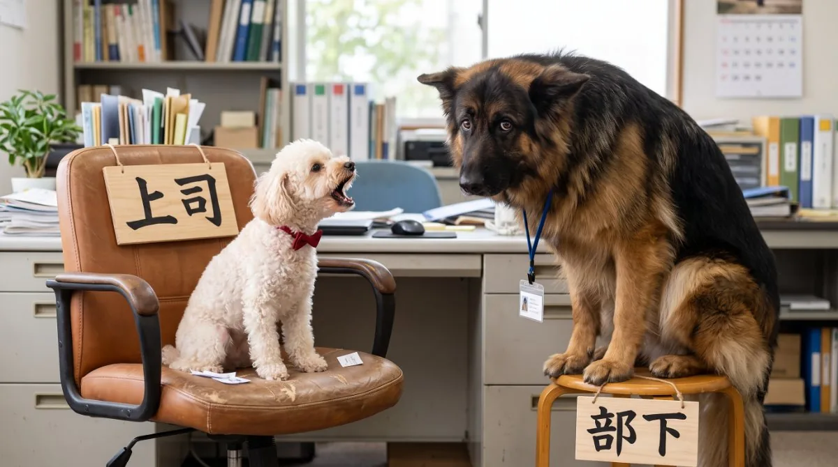 【画像】職場のパワハラと立場の錯覚：「上司」の椅子に座って吠え立てる小型犬と、それに怯える「部下」の大型犬を描き、暴言を吐く人間の虚勢と、怒鳴られている側の錯覚を風刺したユーモラスなイラスト