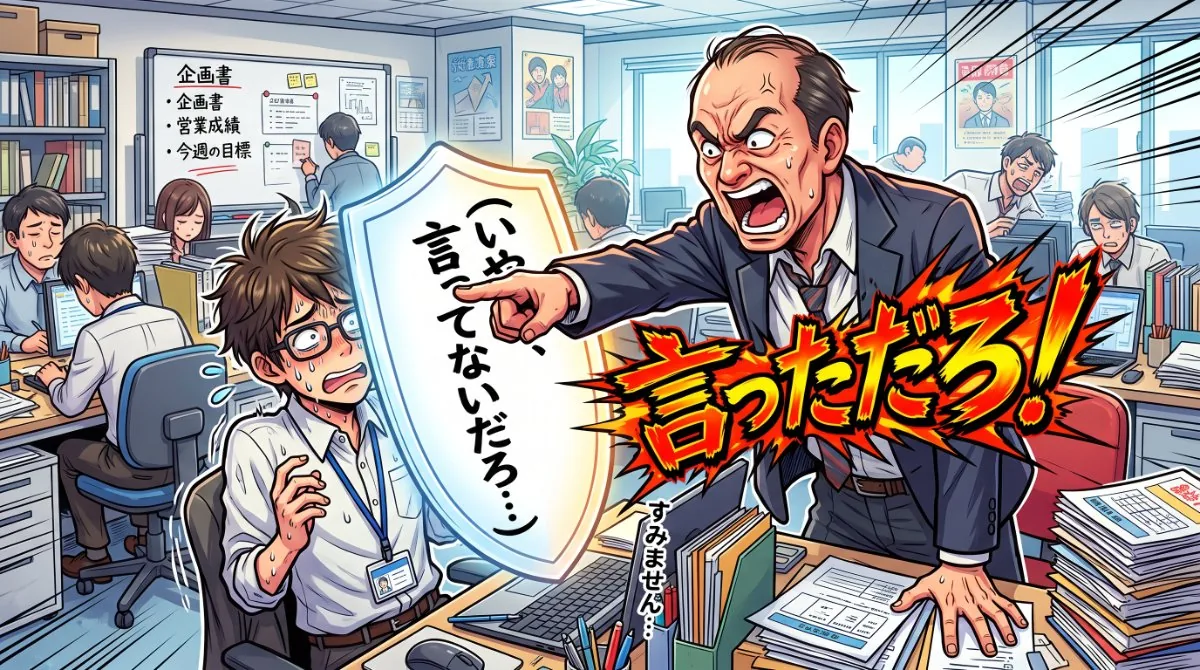 【画像】職場の理不尽なパワハラから自分を守る方法：「言っただろ！」と暴言を吐く上司に対し、まともにダメージを受けず心の中に「いや、言ってないだろ」という盾を構えて防御する社員のイラスト