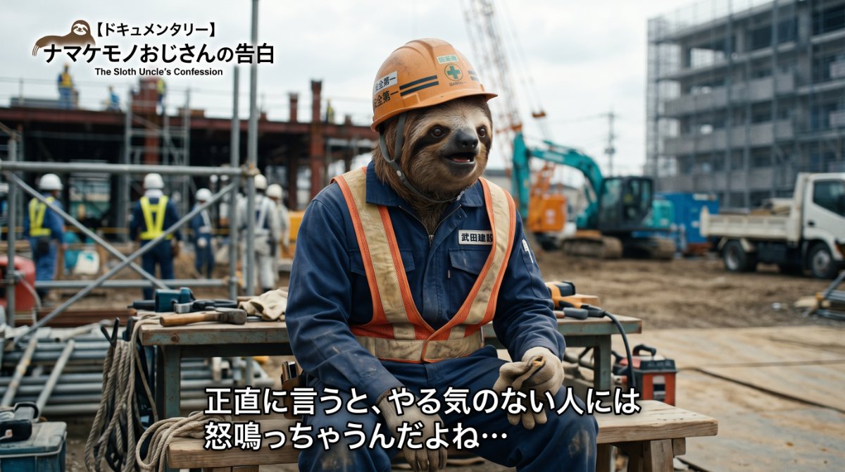 【画像】土木作業員のリアルな実態：建設現場でヘルメットを被ったナマケモノおじさんが「やる気のない人には怒鳴ってしまう」と本音を語る、実録ドキュメンタリー風のイラスト