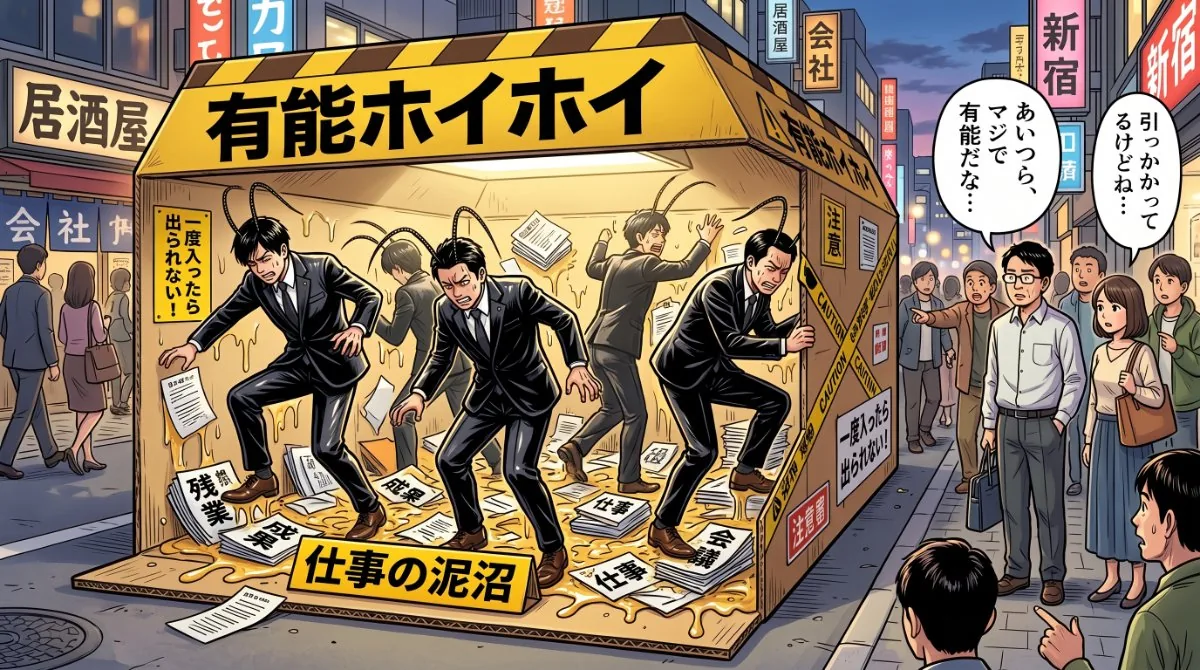 【画像】職場のモヤモヤあるある「有能ホイホイ」：仕事ができる人ほど仕事を頼まれ、一度引き受けると抜け出せなくなる現象を、残業や会議の泥沼（巨大な罠）に捕らわれた会社員たちで表現したイラスト