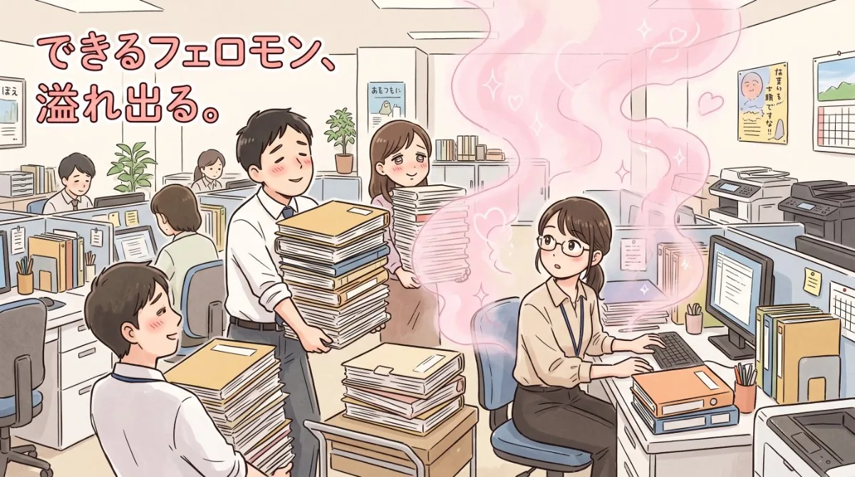 【画像】職場のモヤモヤあるある「ビジネスフェロモン」：優秀な人から無意識に溢れ出るオーラに引き寄せられ、同僚たちが次々と大量の仕事を頼みにやってくる理不尽な現象の図解