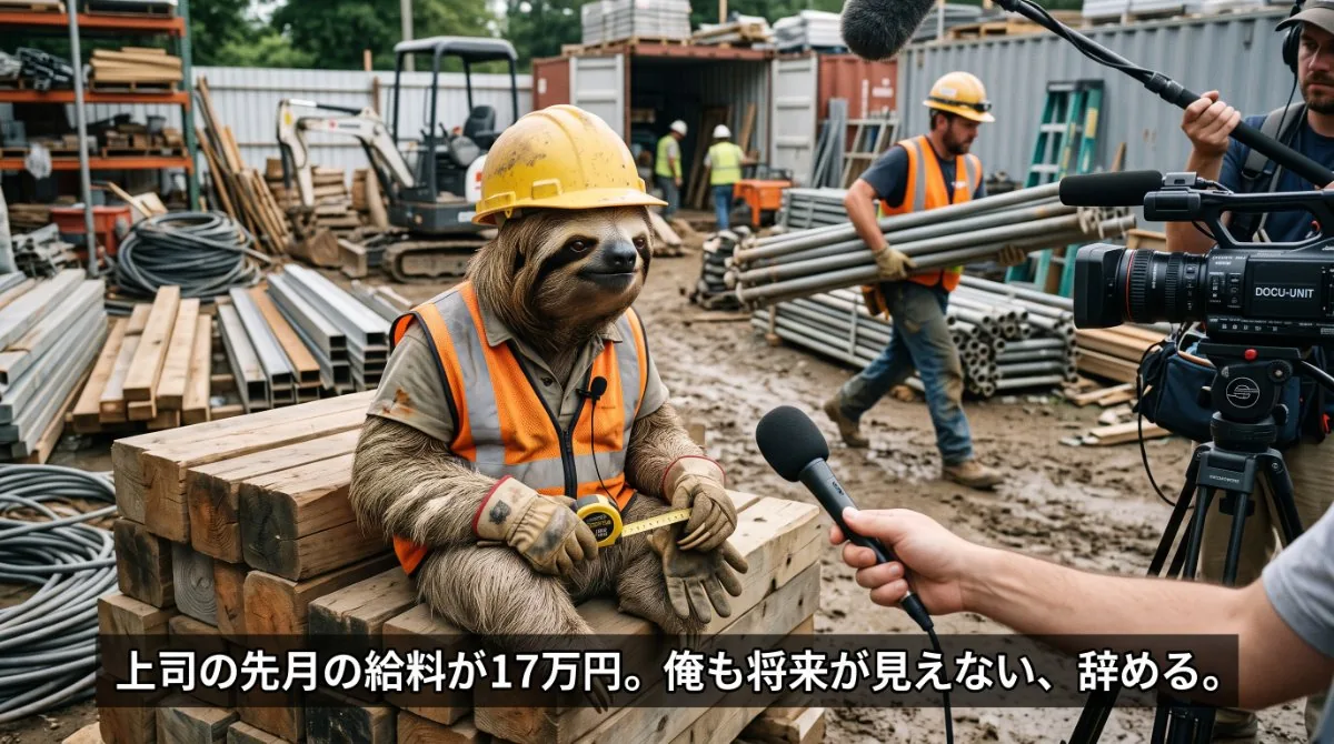 【画像】足場鳶を辞めたリアルな理由：建設現場でインタビューを受けるナマケモノの作業員が「上司の給料が17万円で将来が見えないから辞める」と絶望的な本音を語る実録ドキュメンタリー風の図解