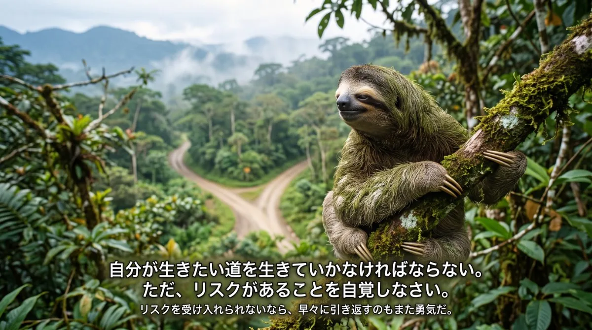 【画像】足場鳶を辞める勇気：ジャングルで二手に分かれる道を見つめるナマケモノのイラストを通じ、日当8,000円という搾取のリスクに気づき、早々に引き返す（退職する）という正しい選択を表現した図解