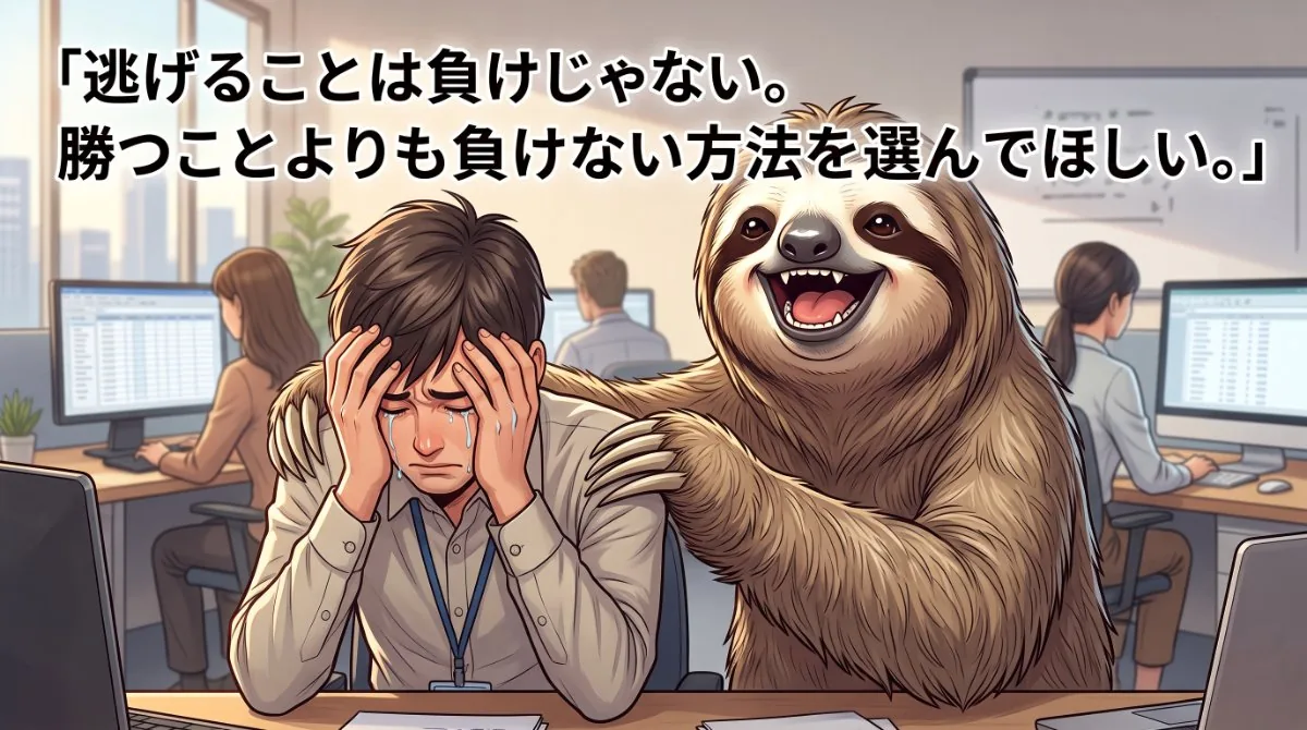 【画像】人を選んで挨拶する人に無視された時の対処法：「逃げることは負けじゃない。勝つことよりも負けない方法を選んでほしい」というメッセージと共に、職場で傷ついた社員の心を守るナマケモノのイラスト