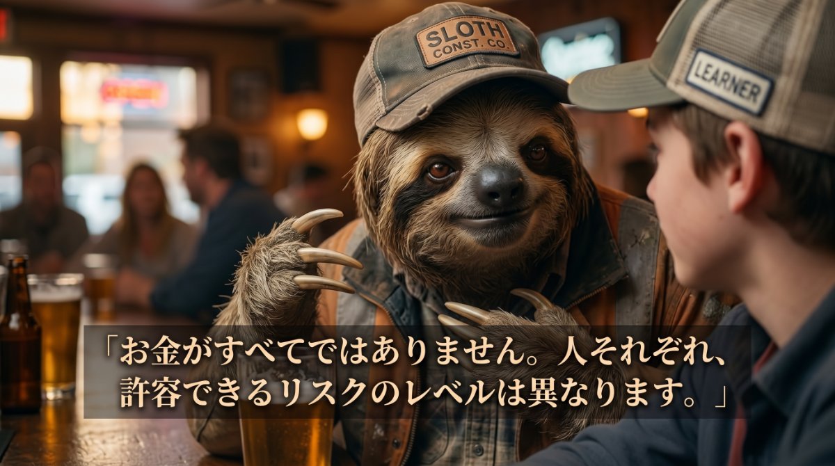 【画像】建設業を辞めるか悩む人へのアドバイス：「お金がすべてではない。人それぞれ許容できるリスクのレベルは異なる」と、元職人が自分に合った働き方を見極める重要性を語るイラスト