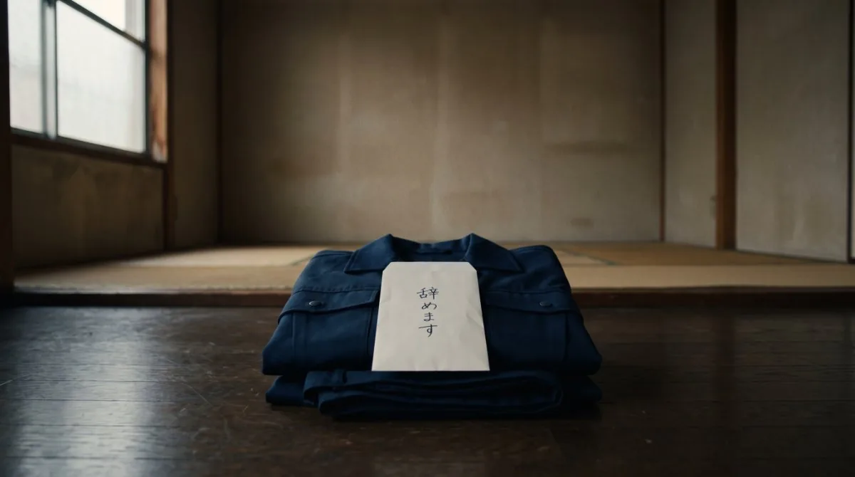 【画像】新人が辞めたのは自分のせいか：薄暗い部屋に綺麗に畳まれた作業着と「辞めます」と書かれた封筒が置かれている、教育係が自責の念に駆られる突然の退職を象徴する写真