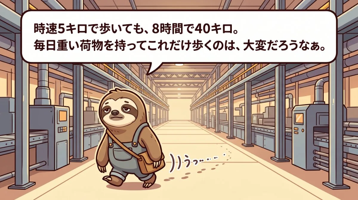 【画像】新人が辞める理由は教育のせいだけではない：工場内を歩くナマケモノが「8時間で40キロ歩く重労働」に思いを馳せるイラスト。離職の原因が教育係の責任ではなく「体力的なミスマッチ（仕事が合わない）」にあるケースを視覚化した図解