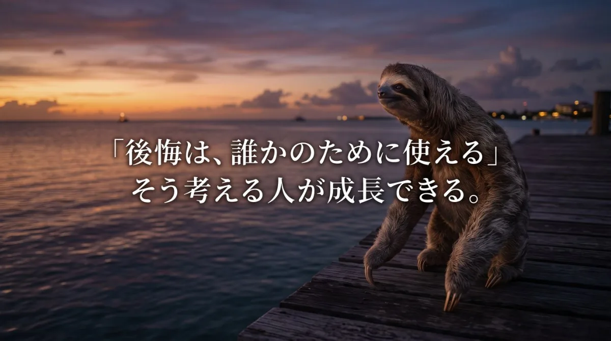 【画像】新人が辞めた後悔を成長に変える考え方：夕暮れの海を見つめるナマケモノのイラストと共に、「後悔は誰かのために使える」と教育係としての前向きなマインドセットを伝える図解