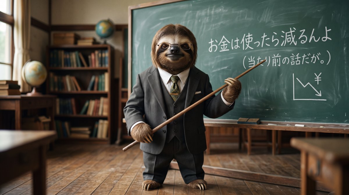 【画像】貯金をしない人の末路と現実:教室の黒板の前でスーツを着たナマケモノの先生が「お金は使ったら減るんよ(当たり前の話だが。)」と指示棒で指し示す、シンプルかつ残酷なお金の真理を描いたイラスト