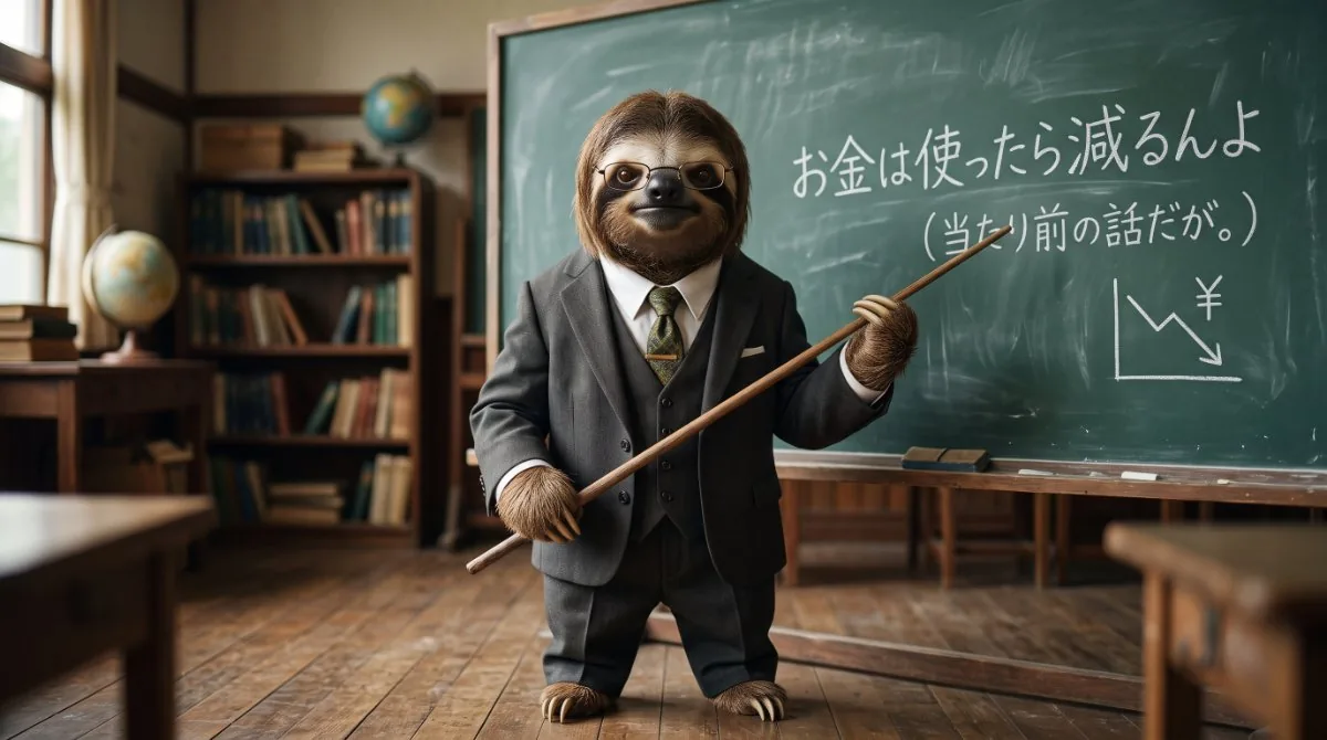 【画像】貯金をしない人の末路と現実：教室の黒板の前でスーツを着たナマケモノの先生が「お金は使ったら減るんよ（当たり前の話だが。）」と指示棒で指し示す、シンプルかつ残酷なお金の真理を描いたイラスト