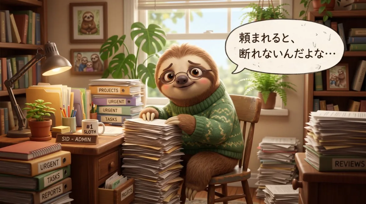 【画像】仕事が集中する人の心理と実態：山積みの書類と「URGENT」ファイルに囲まれたデスクで、「頼まれると、断れないんだよな…」と困り顔で呟くナマケモノのイラスト
