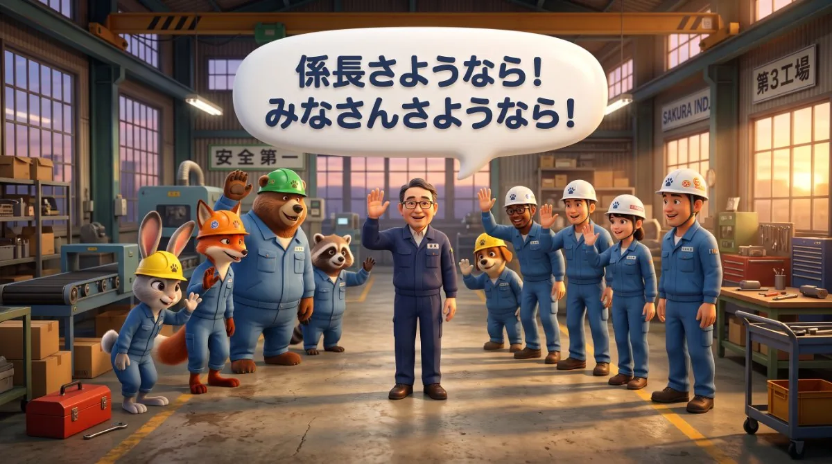 夕日の差し込む工場内で、青い作業着を着た中央の眼鏡の男性が笑顔で手を振っている。周囲にはウサギ、キツネ、クマ、犬などの動物たちと同僚が並んで手を振り返しており、上部には「係長さようなら！みなさんさようなら！」の大きな吹き出しがある