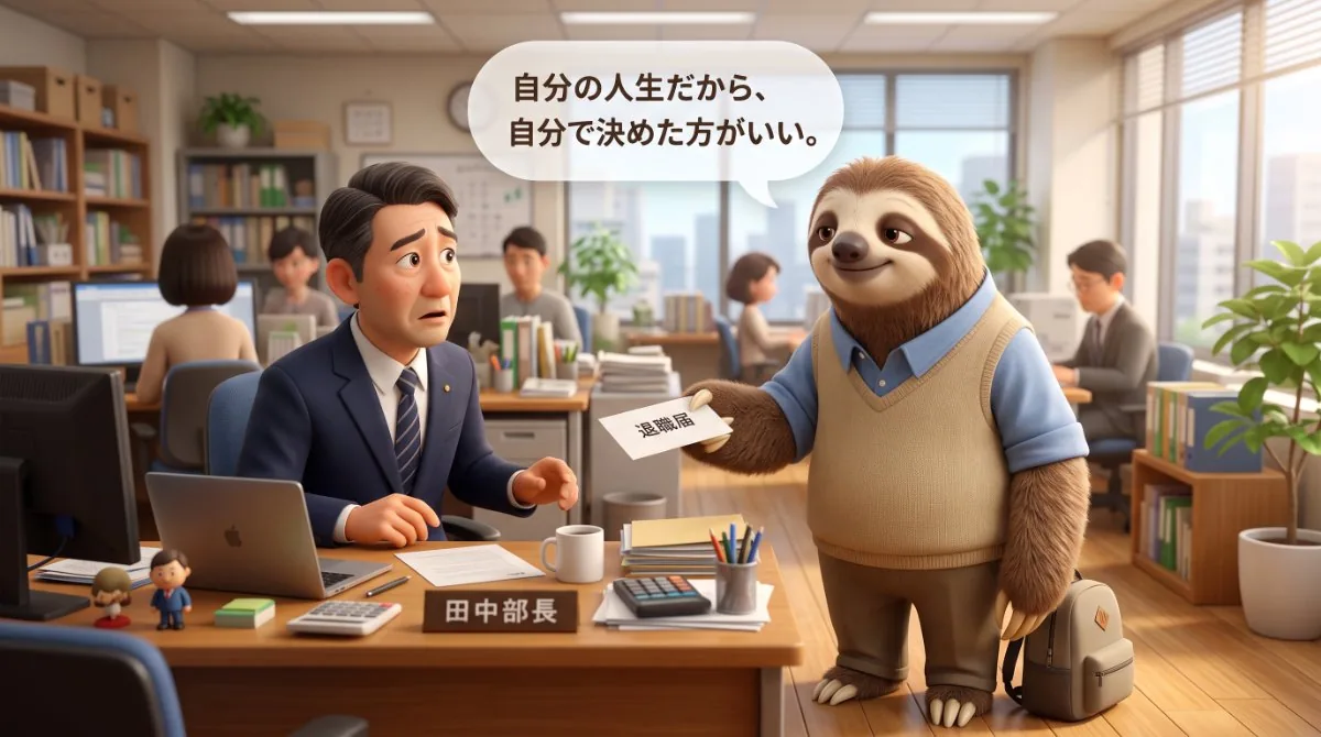 【画像】仕事が集中する職場への決別：田中部長に退職届を手渡し、「自分の人生だから、自分で決めた方がいい。」と穏やかな笑みで自ら環境を変える決断を下すナマケモノのイラスト