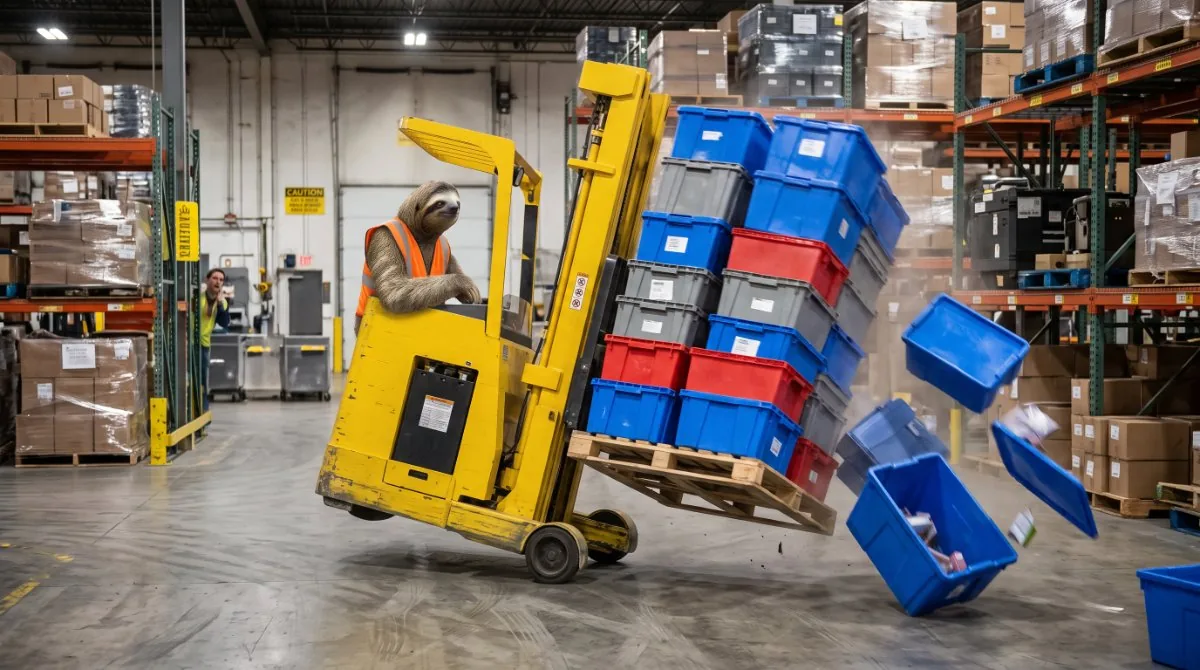 【画像】フォークリフトが下手すぎて荷崩れを起こした瞬間：倉庫内でリーチフォークリフトを旋回させ、パレット上のコンテナを盛大に落下させて車体を傾かせるナマケモノのイラスト