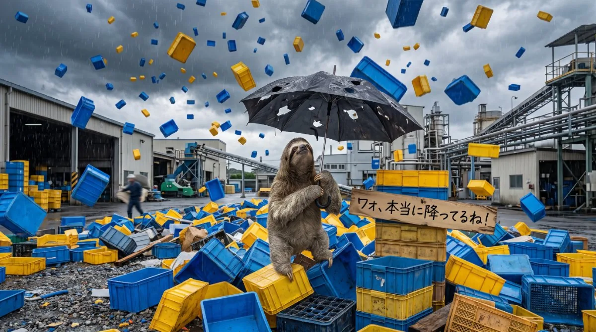 【画像】フォークリフトが下手すぎて起こした荷崩れの大惨事：工場の敷地内で空から無数の青と黄のポリ容器が雨のように降り注ぐ中、穴あき傘をさして「ワォ、本当に降ってるね！」と立ち尽くすナマケモノのシュールなパロディイラスト