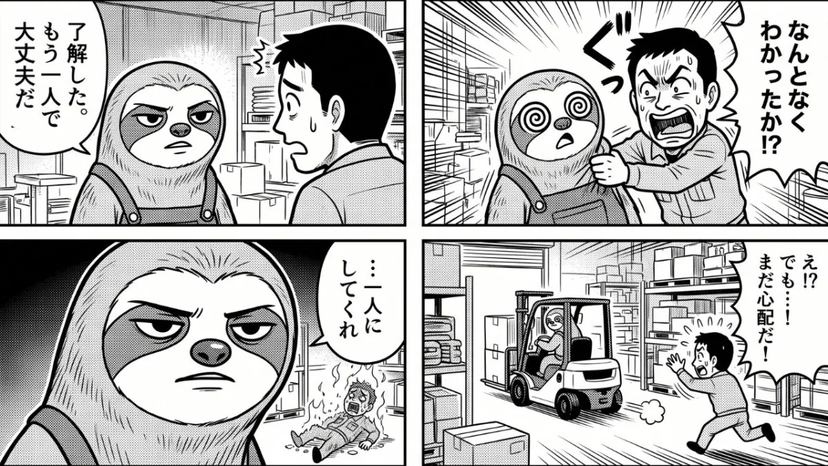 【画像】フォークリフトが下手な新人の一人立ちを描いた4コマ漫画：指導係に「なんとなくわかったか!?」と揺さぶられたナマケモノが、目を回しながらも「了解した。もう一人で大丈夫だ」と強がってフォークリフトを発進させる様子