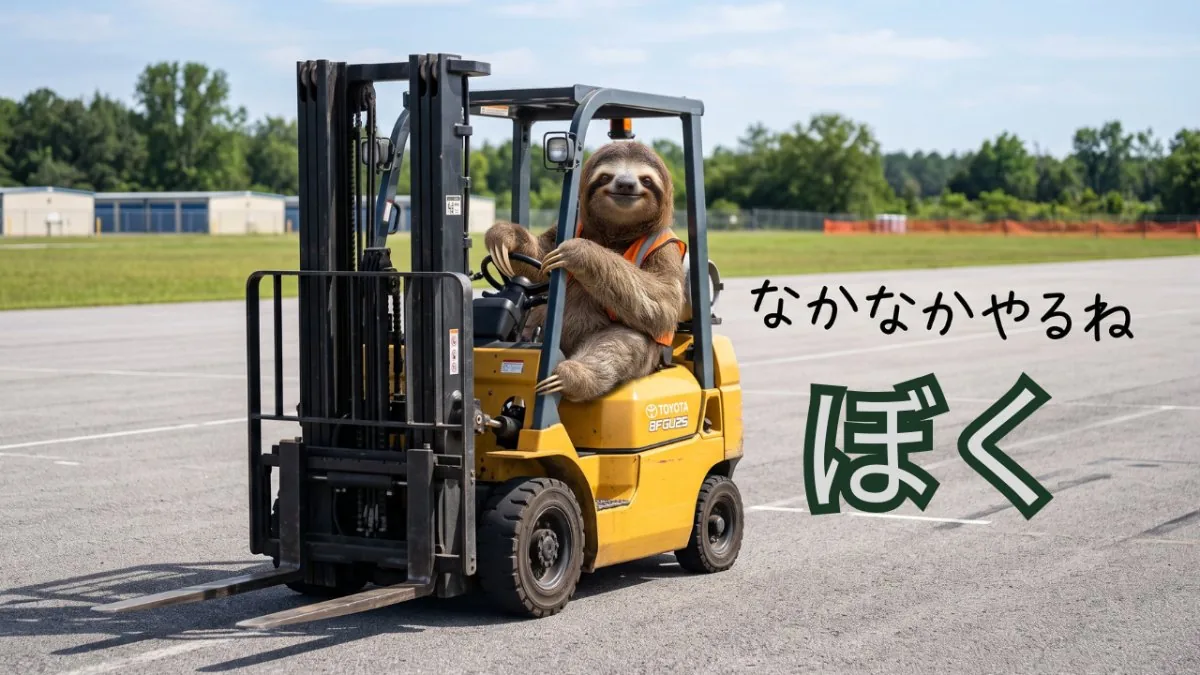 【画像】フォークリフトが下手すぎた初心者の成長した姿：広いヤードで黄色のフォークリフトを余裕の表情で乗りこなし、「なかなかやるね」「ぼく」の文字と共に自信をみせるナマケモノのイラスト