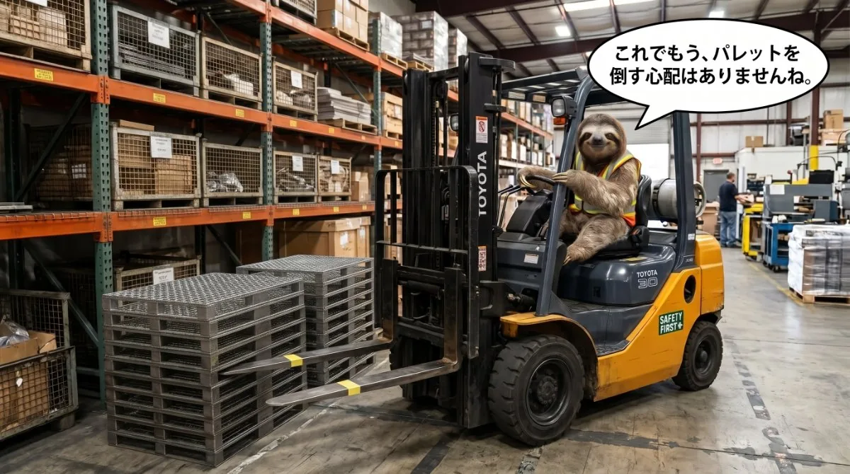 【画像】フォークリフトが下手すぎた初心者が習得した安全操作：倉庫内でトヨタ製カウンターフォークリフトを操り、金属パレットの前で「これでもう、パレットを倒す心配はありませんね。」と自信を見せるナマケモノのイラスト