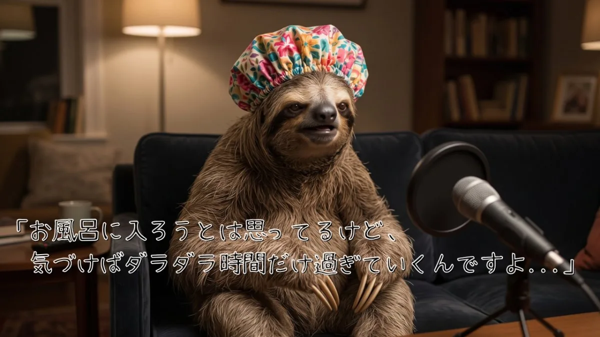 【画像】風呂キャンセル界隈のリアルな悩み：花柄のシャワーキャップをかぶったナマケモノがマイクに向かい、「お風呂に入ろうとは思ってるけど、気づけばダラダラ時間だけ過ぎていくんですよ…」と吐露するイラスト