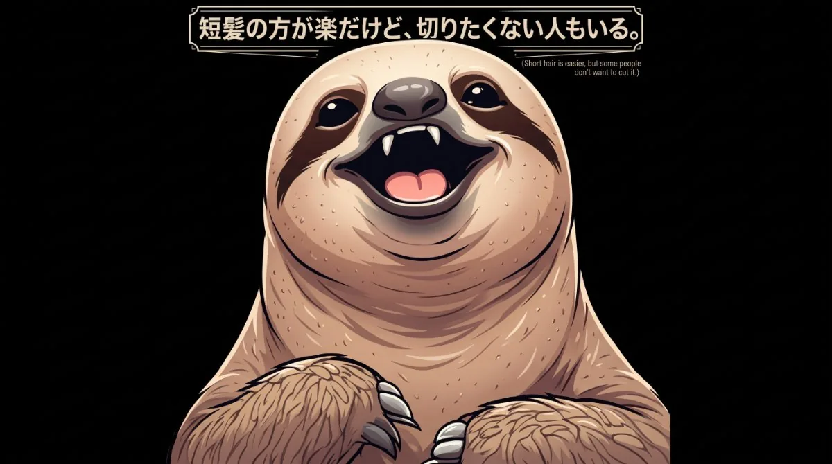 【画像】風呂キャンセル界隈の心理と対策の落とし穴：口を大きく開けて笑うナマケモノと「短髪の方が楽だけど、切りたくない人もいる。」のテロップで、正論だけでは解決できない入浴ハードルを説くイラスト