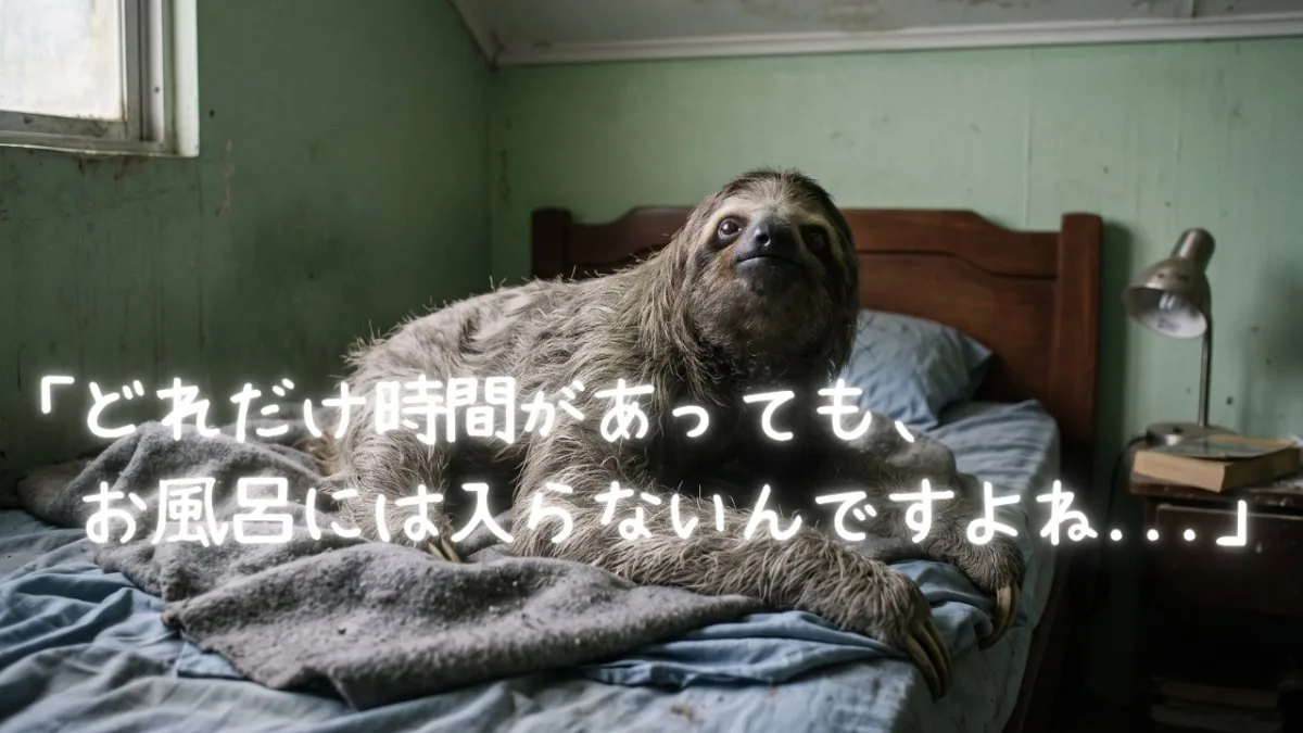 【画像】風呂キャンセル界隈の典型的な実態：薄暗い部屋のベッドの上でぐったりと横たわり、「どれだけ時間があっても、お風呂には入らないんですよね…」と虚空を見つめるナマケモノのイラスト