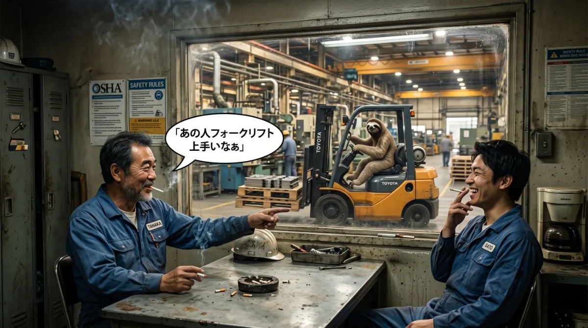 【画像】フォークリフトが上手い人の特徴：休憩室の窓からタバコを吸いながら外を眺める作業員たちが、滑らかに荷物を運ぶナマケモノを見て「あの人フォークリフト上手いなぁ」と感心して指差す様子のイラスト
