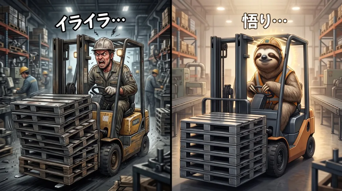 【画像】フォークリフト運転の未熟者と達人の対比:焦りとイライラで荒い運転をする作業員と、工場全体を俯瞰して仏のように穏やかな表情(悟り)でパレットを整然と運ぶナマケモノの比較イラスト