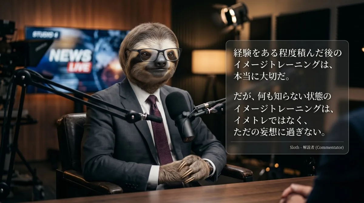 【画像】フォークリフト上達におけるイメージトレーニングの真実：報道番組風のスタジオで眼鏡とスーツを着用したナマケモノの解説者が、「経験をある程度積んだ後のイメージトレーニングは、本当に大切だ。だが、何も知らない状態のイメージトレーニングは、イメトレではなく、ただの妄想に過ぎない。」と説くイラスト
