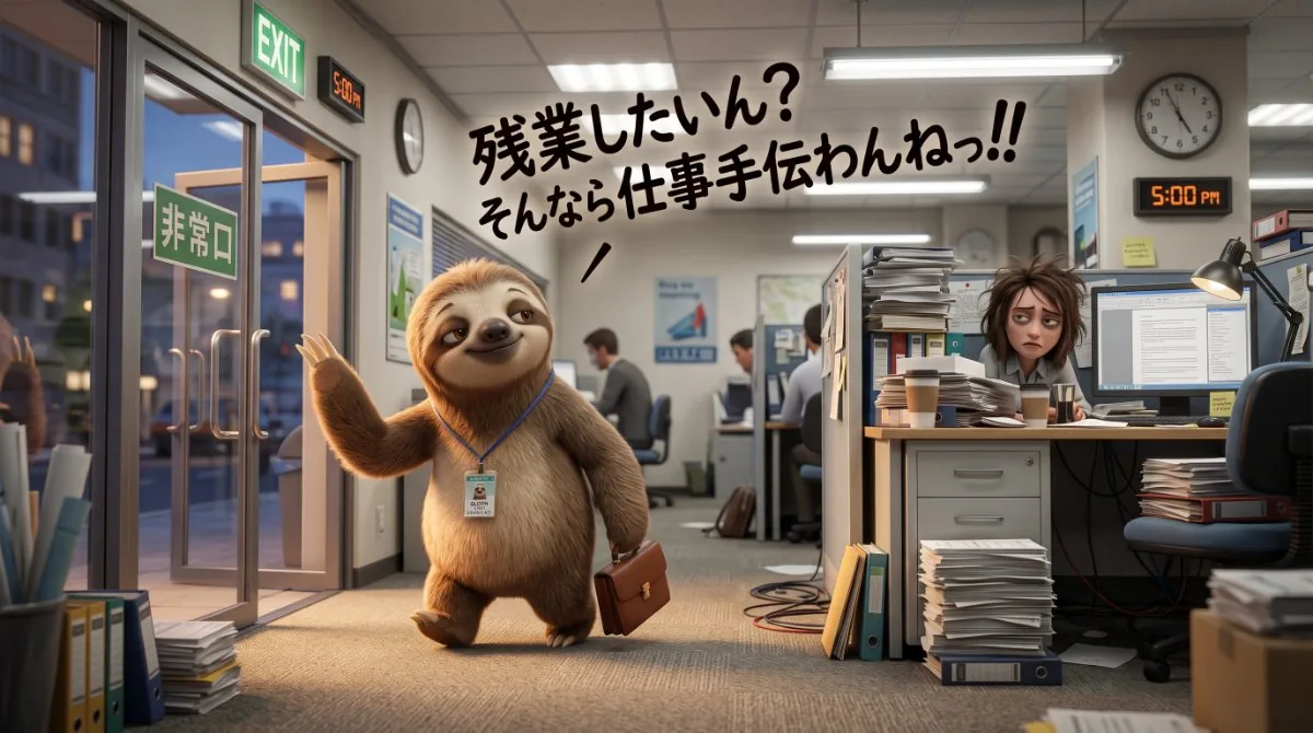 【画像】働きすぎる人と自分の仕事しかしない人のギャップ：山積みの書類に囲まれて残業する女性社員に、定時5時ちょうどに鞄を持って手を振りながら「残業したいん？そんなら仕事手伝わんねっ!!」と笑顔で帰るナマケモノのイラスト