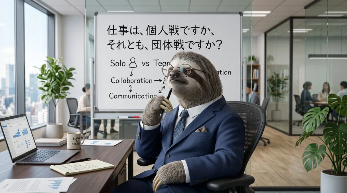 【画像】働き方とチームワークの本質を問う構図：ホワイトボードの「仕事は、個人戦ですか、それとも、団体戦ですか？」の文字を背に、丸眼鏡をかけてペンを顎に当て思索するスーツ姿のナマケモノのイラスト