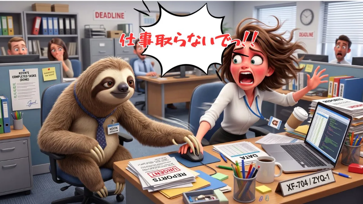 【画像】職場で仕事を抱え込む人と手を出されたくない心理：完了タスク表を背にしたナマケモノ（名札：KEVIN）がマウスに手を伸ばし、髪を振り乱した女性社員が「仕事取らないでっ!!」と絶叫するオフィスのイラスト
