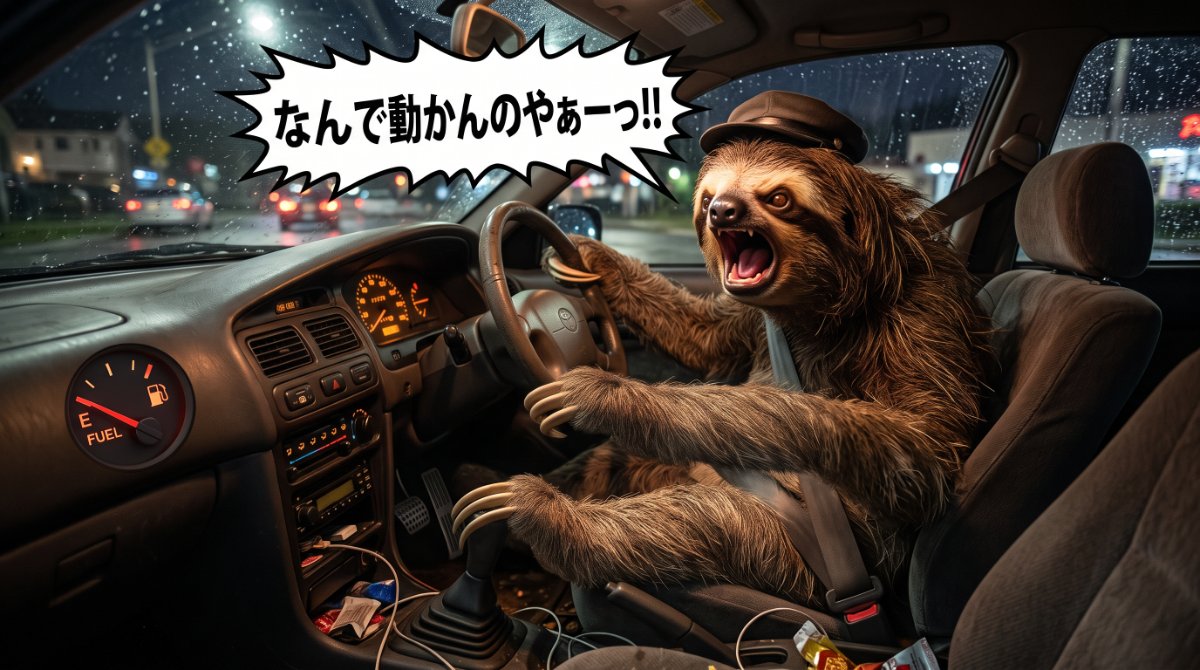 【画像】思考停止している人の典型的な特徴とサイン：ダッシュボードの燃料メーターがE（ガス欠）を示しているのに気づかず、雨の夜の車内で「なんで動かんのやぁーっ!!」と絶叫するナマケモノのイラスト