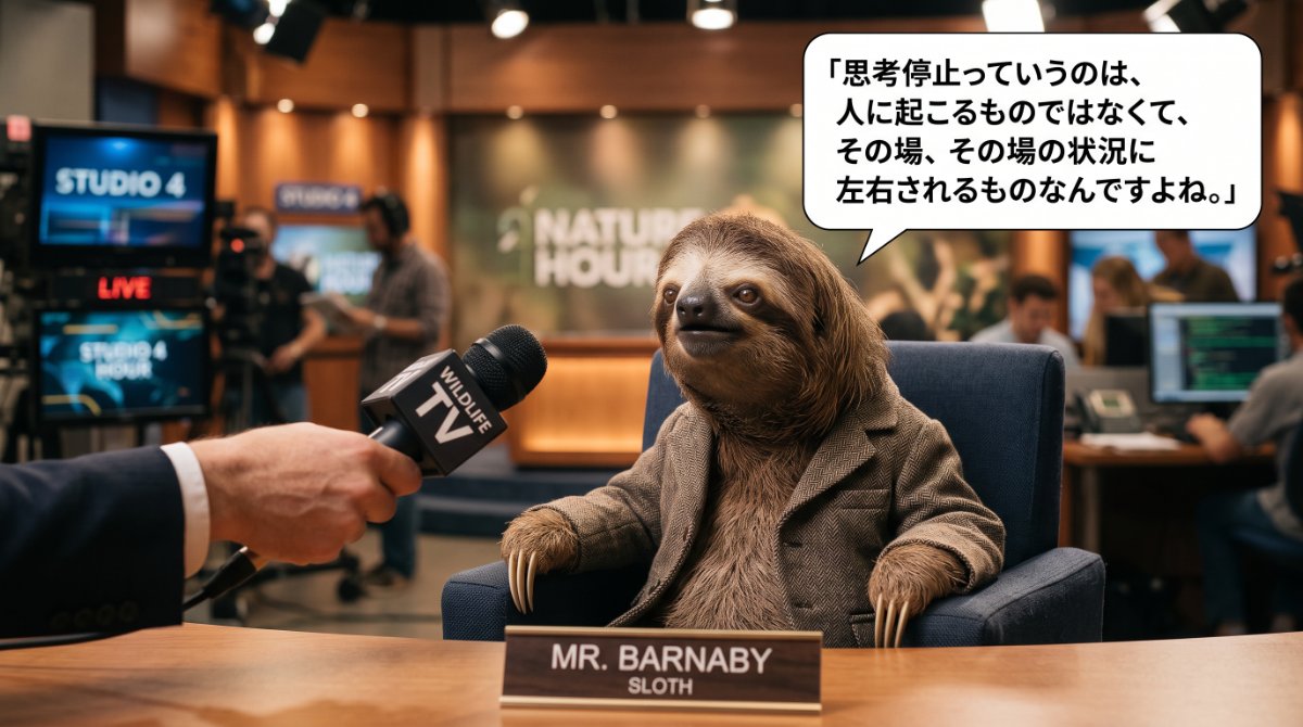 【画像】思考停止が起こる根本的な原因と心理：テレビスタジオで「WILDLIFE TV」の取材を受けるジャケット姿のナマケモノ（MR. BARNABY）が「思考停止っていうのは、人に起こるものではなくて、その場、その場の状況に左右されるものなんですよね。」と語るイラスト