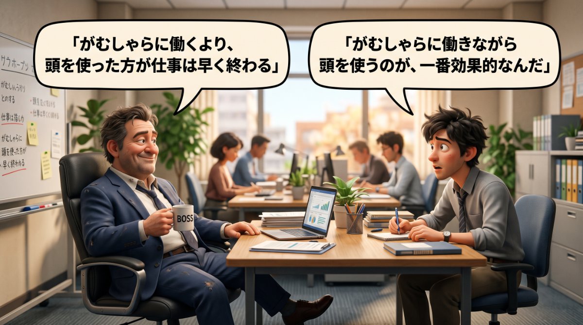 【画像】思考停止から抜け出す仕事の思考法と対話：オフィスで「がむしゃらに働くより、頭を使った方が仕事は早く終わる」と語る上司に対し、「がむしゃらに働きながら頭を使うのが、一番効果的なんだ」とメモを取る部下のイラスト