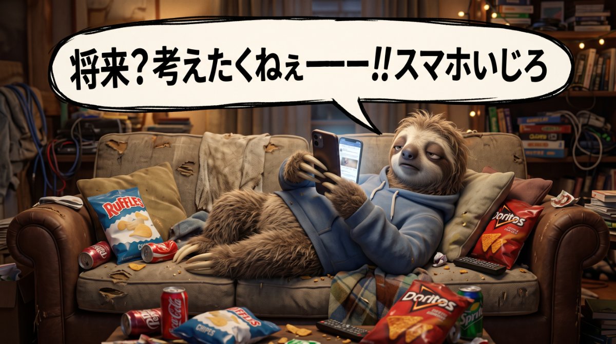 【画像】思考停止している人の典型的な末路と現実逃避：散らかった部屋のソファでスナック菓子と空き缶に囲まれ、「将来？考えたくねぇーー!! スマホいじろ」とスマホを見つめるナマケモノのイラスト