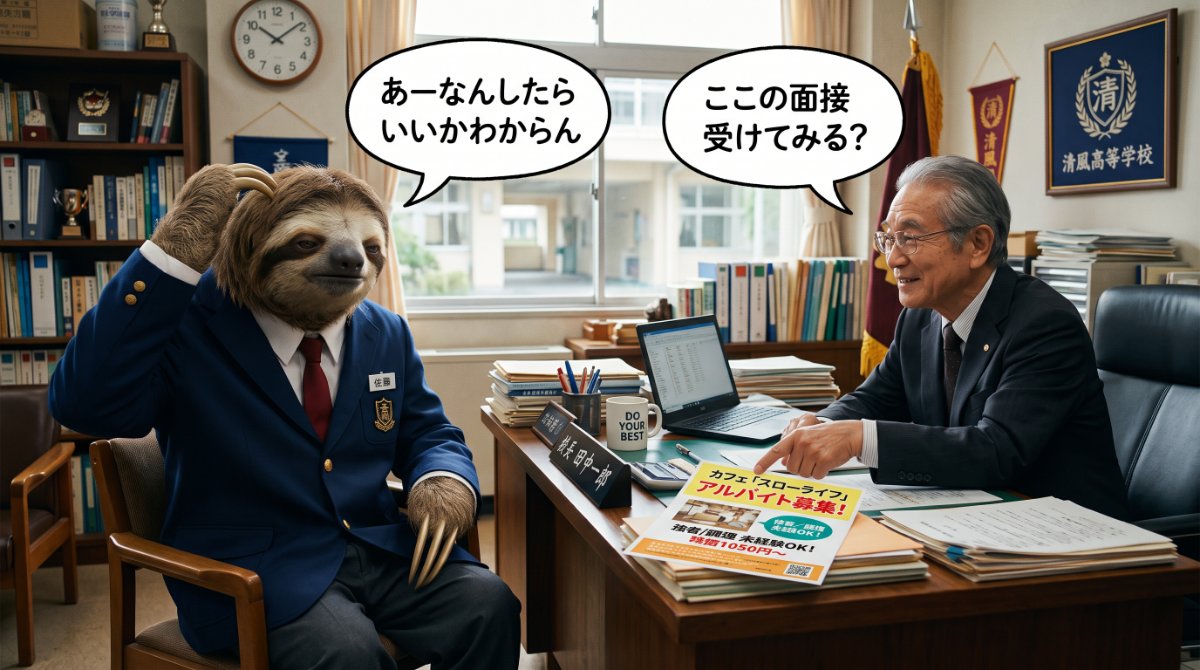 【画像】思考停止のサイン「自分の人生の選択を他人に丸投げする姿」：校長室で学生服のナマケモノが「あーなんしたらいいかわからん」と頭を抱え、校長から「ここの面接受けてみる？」とアルバイト募集を提案されるイラスト