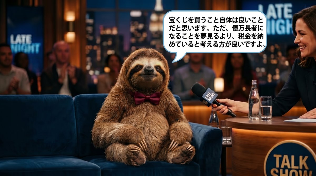 【画像】思考停止が生む「一発逆転幻想」と現実的な視点：海外トークショーのスタジオで蝶ネクタイ姿のナマケモノがマイクを向けられ、「宝くじを買うこと自体は良いことだと思います。ただ、億万長者になることを夢見るより、税金を納めていると考える方が良いですよ。」と冷静に語るイラスト