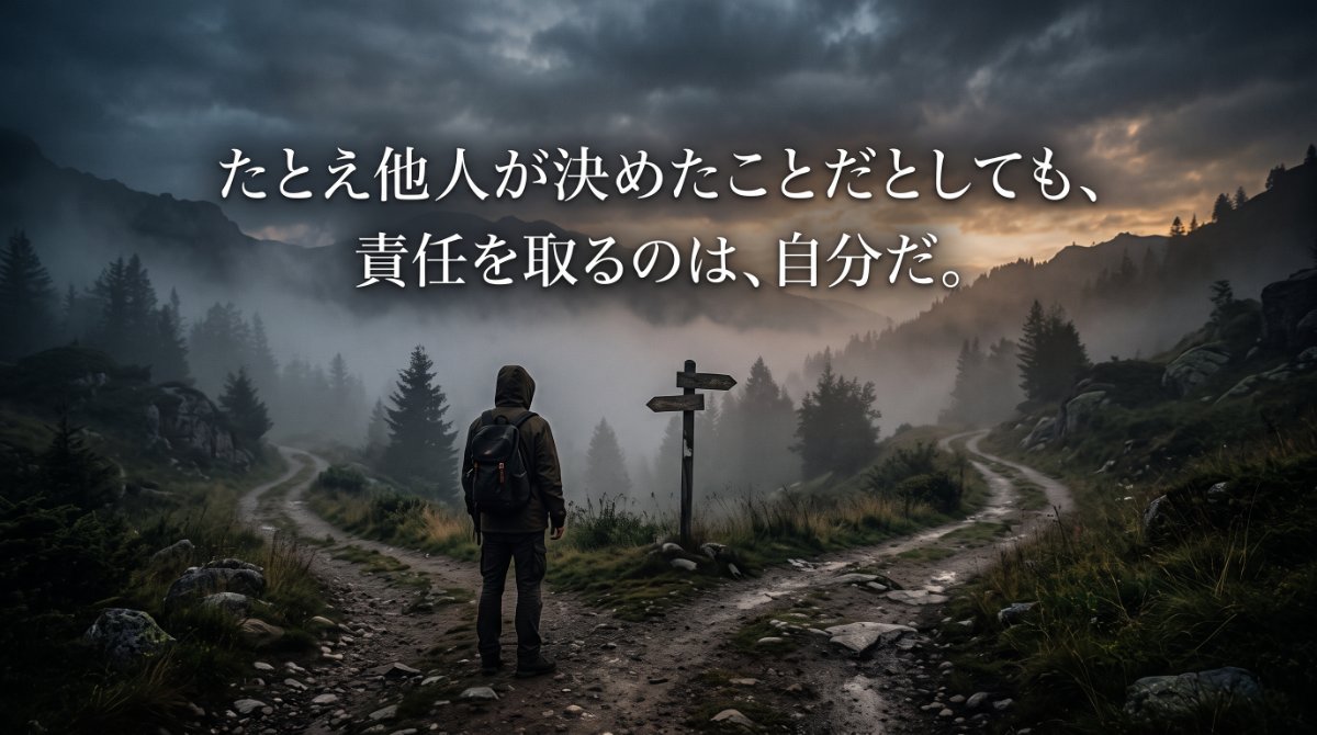 【画像】思考停止の末路から抜け出す「自己責任」の覚悟：霧が立ち込める山の分かれ道に立つ旅人と、「たとえ他人が決めたことだとしても、責任を取るのは、自分だ。」と刻まれたメッセージ画像