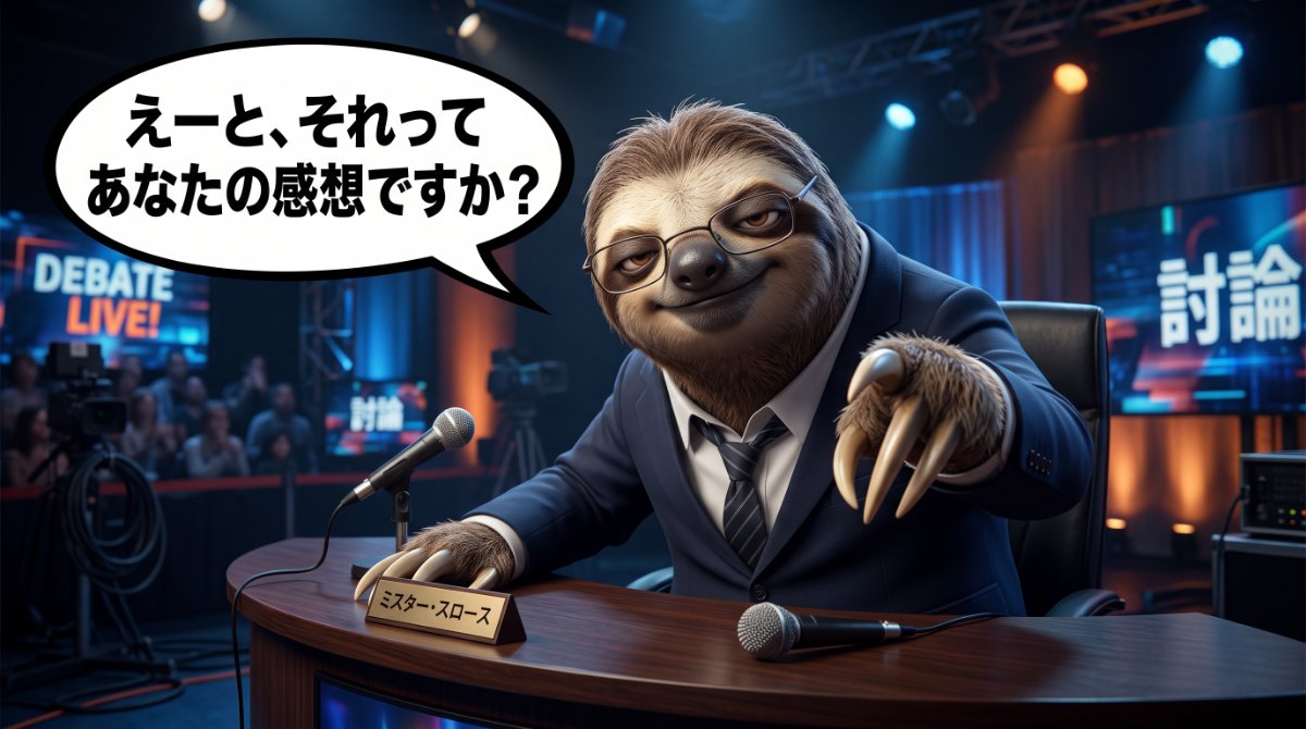 【画像】思考停止を防ぐクリティカルシンキングの視点：討論番組のスタジオでスーツと眼鏡を身につけたナマケモノ（ミスター・スロース）が鋭い爪を指差し、「えーと、それってあなたの感想ですよね？」と問いかけるイラスト